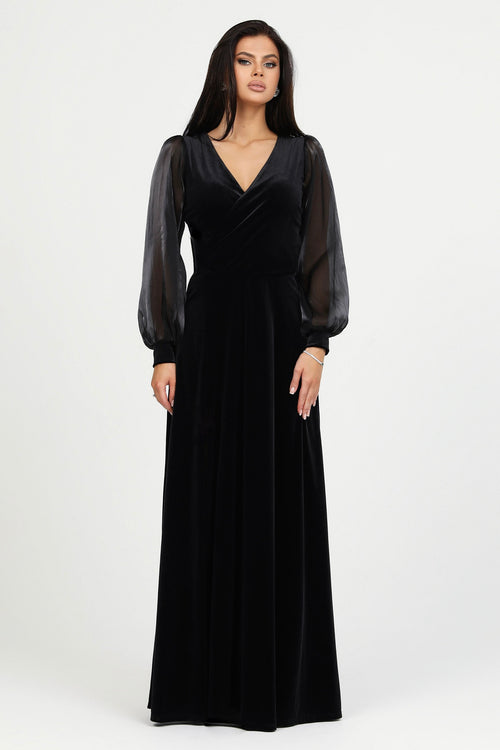 Black Velvet Wrap V Neckline Dress With Organza Sleeves