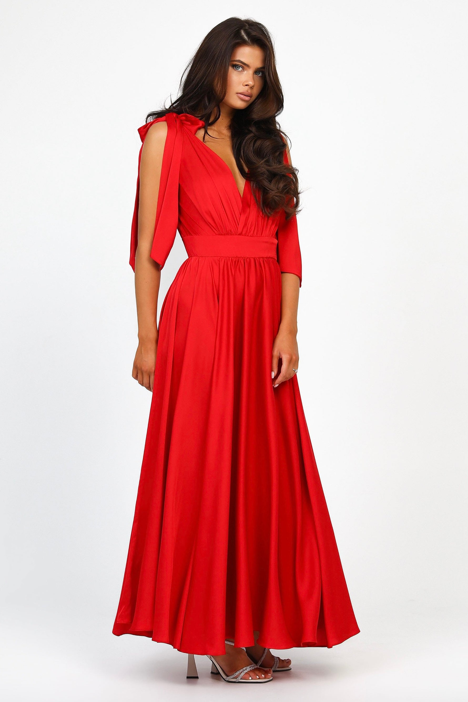 Red Silk Satin Dress With Shoulder Ties – Désir Couture