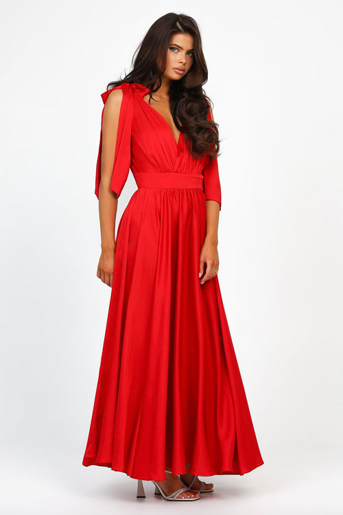 Red Silk Satin Dress With Shoulder Ties