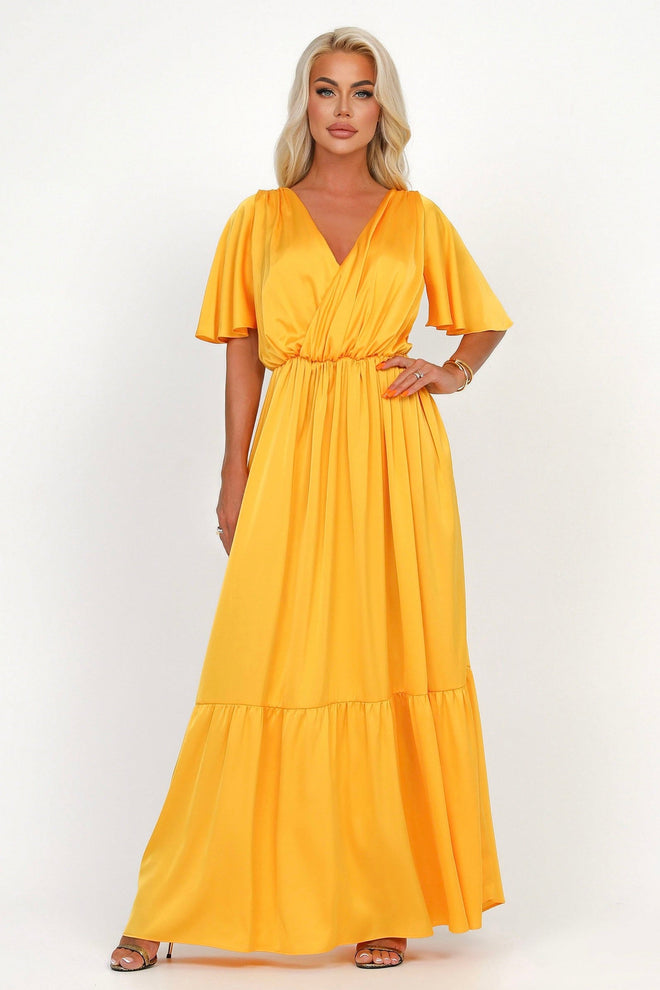 S Size Yellow Silk Satin Dress Wrap V Neckline (Ready to Ship)