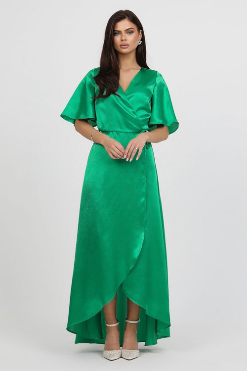 S Size Green Wrap Satin Dress With Flutter Sleeves (Ready to Ship) Dsir Couture S Size Green Wrap Satin Dress With Flutter Sleeves (Ready to Ship) Dsir Couture