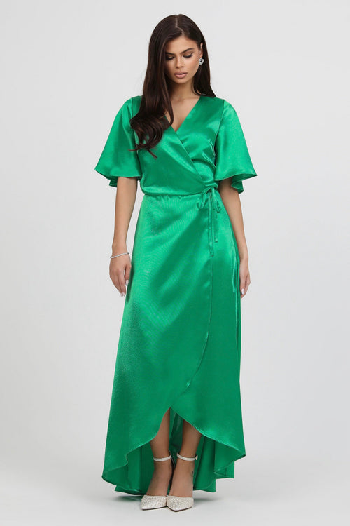 S Size Green Wrap Satin Dress With Flutter Sleeves (Ready to Ship) Dsir Couture S Size Green Wrap Satin Dress With Flutter Sleeves (Ready to Ship) Dsir Couture