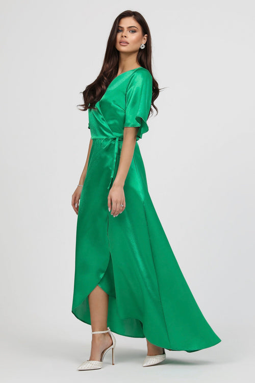 S Size Green Wrap Satin Dress With Flutter Sleeves (Ready to Ship) Dsir Couture S Size Green Wrap Satin Dress With Flutter Sleeves (Ready to Ship) Dsir Couture