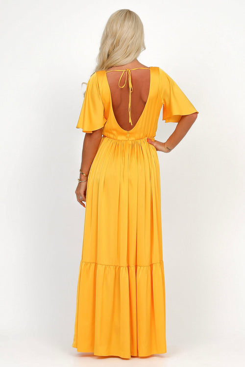 Yellow Silk Satin Dress Wrap V Neckline
