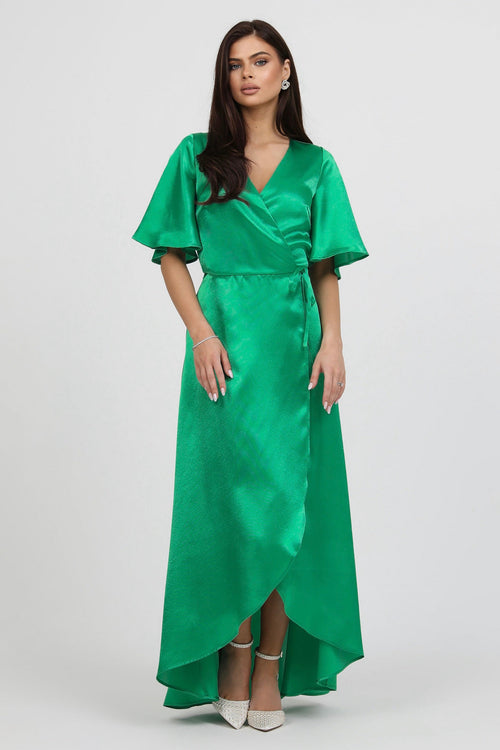 S Size Green Wrap Satin Dress With Flutter Sleeves (Ready to Ship) Dsir Couture S Size Green Wrap Satin Dress With Flutter Sleeves (Ready to Ship) Dsir Couture