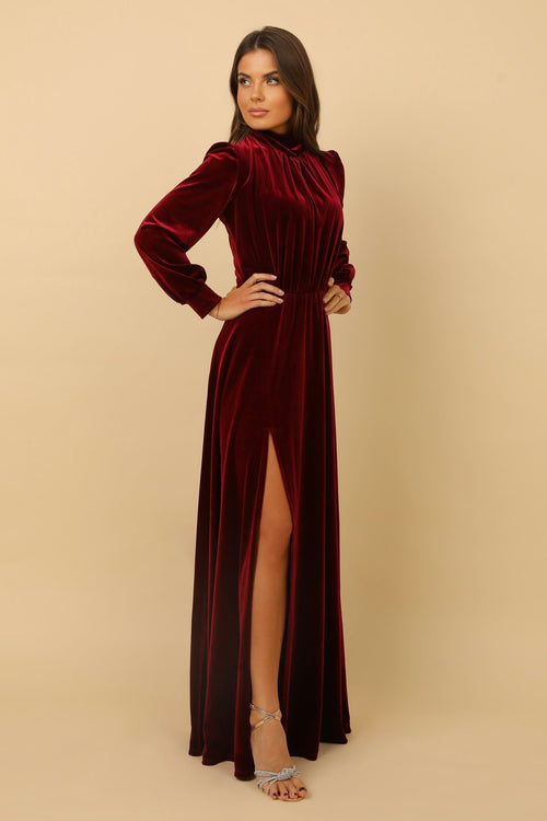 S Size Burgundy Velvet Mock Neckline Dress A line Skirt (Ready to Ship)
