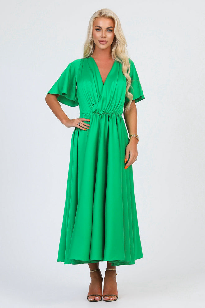 Green Silk Satin Dress Wrap V Neckline