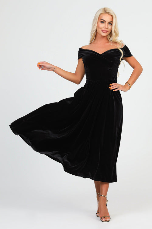 S Size Black Velvet Off Shoulder Midi Dress (Ready to Ship)