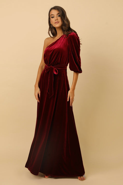 Burgundy Velvet One Shoulder Dress - Bridesmaid Dress - Gown Dsir Couture Burgundy Velvet One Shoulder Dress - Bridesmaid Dress - Gown Dsir Couture