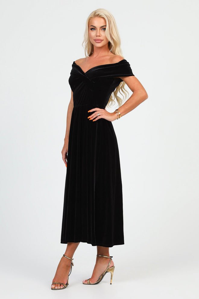 S Size Black Velvet Off Shoulder Midi Dress (Ready to Ship)