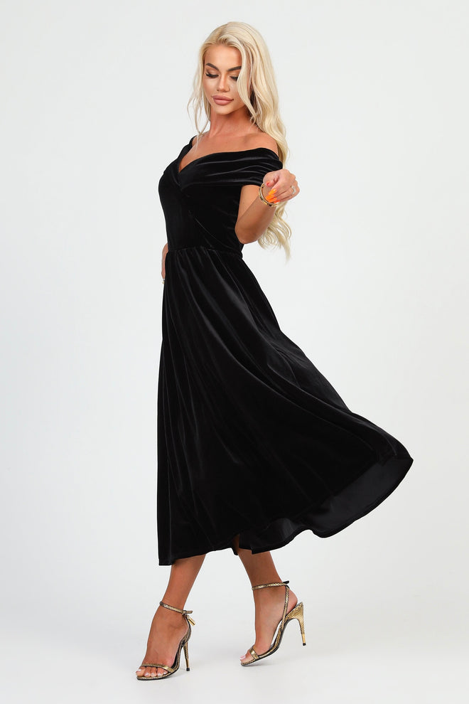 Black Velvet Off The Shoulder Midi Dress