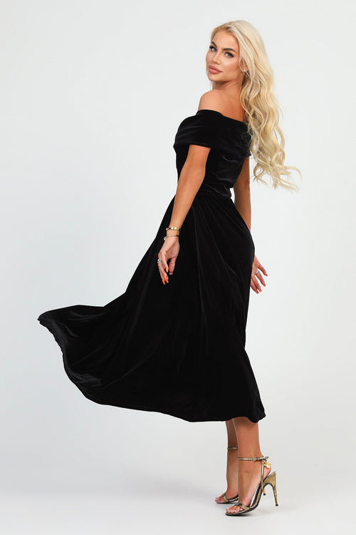S Size Black Velvet Off Shoulder Midi Dress (Ready to Ship)