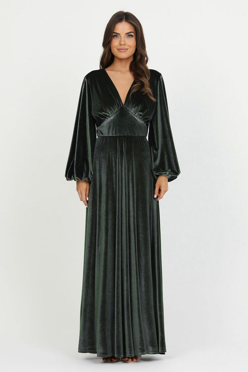 Dusty Sage Velvet Backless Dress With Bishop Sleeves