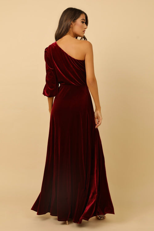 red velvet one shoulder dress Adrianna Papell One-shoulder Velvet Bow Gown