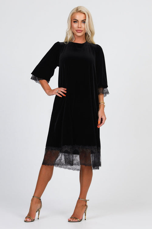 S Size Black Velvet Loose Dress With Lace Deep V Back (Ready to Ship)