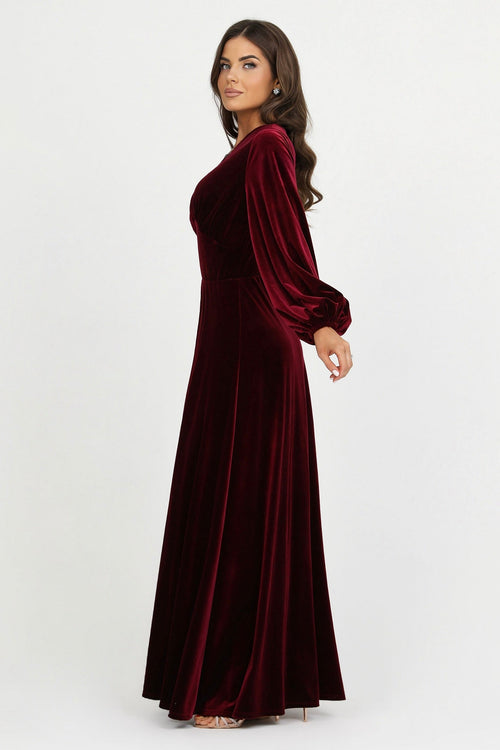 bridesmaid dress, velvet dress, wedding guest dress, gorgeous dress, wedding dress, mother of the bride dress, evening dress, gown dress, maxi dress, reception dress, elegant dress, formal dress, winter dress, fall bridesmaid, custom bridesmaid dress, burgundy dress, long sleeve dress, plunge neckline dress, v neck dress, bishop sleeve dress