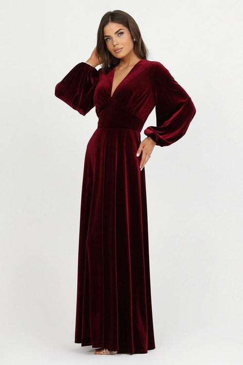 bridesmaid dress, velvet dress, wedding guest dress, gorgeous dress, wedding dress, mother of the bride dress, evening dress, gown dress, maxi dress, reception dress, elegant dress, formal dress, winter dress, fall bridesmaid, custom bridesmaid dress, burgundy dress, long sleeve dress, plunge neckline dress, v neck dress, bishop sleeve dress