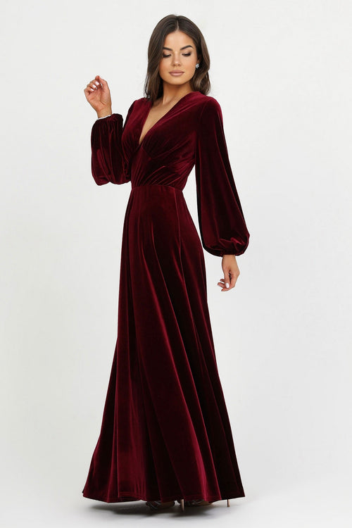 bridesmaid dress, velvet dress, wedding guest dress, gorgeous dress, wedding dress, mother of the bride dress, evening dress, gown dress, maxi dress, reception dress, elegant dress, formal dress, winter dress, fall bridesmaid, custom bridesmaid dress, burgundy dress, long sleeve dress, plunge neckline dress, v neck dress, bishop sleeve dress