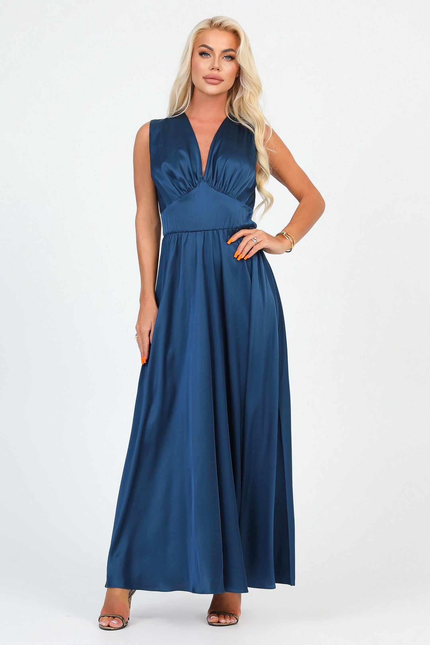 Dark Teal Blue Silk Satin Dress V Neckline – Désir Couture