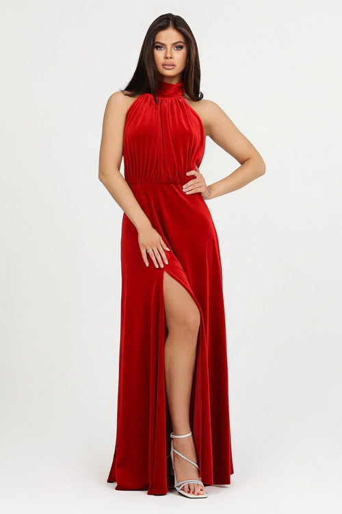 Red Velvet Halter Neckline Velvet Dress - Bridesmaid Dress Dsir Couture Red Velvet Halter Neckline Velvet Dress - Bridesmaid Dress Dsir Couture