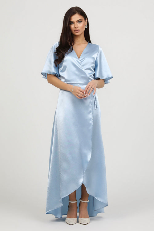 S Size Light Blue Wrap Satin Dress With Flutter Sleeves (Ready to Ship Dsir Couture S Size Light Blue Wrap Satin Dress With Flutter Sleeves (Ready to Ship Dsir Couture