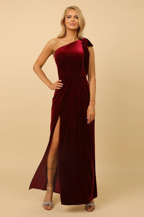 S Size Burgundy Velvet One Shoulder Dress With Shoulder Bow (Ready to Ship)