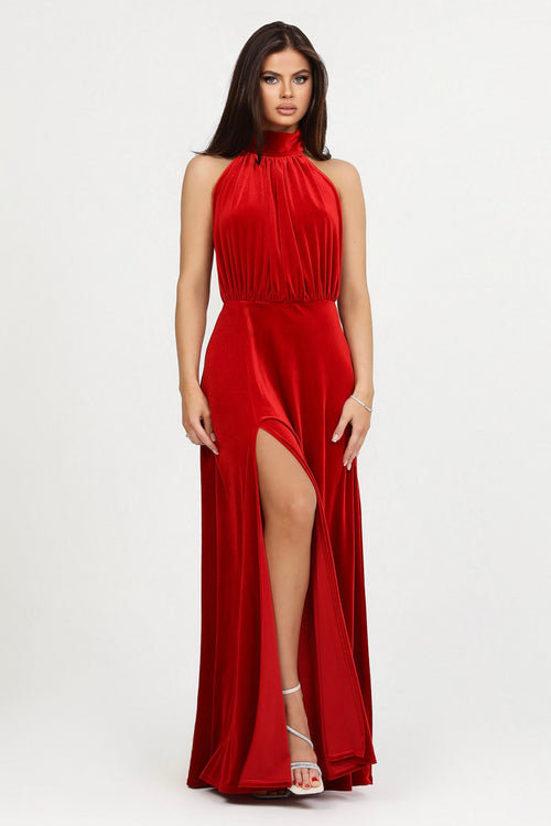 Red Velvet Halter Neckline Velvet Dress - Bridesmaid Dress Dsir Couture Red Velvet Halter Neckline Velvet Dress - Bridesmaid Dress Dsir Couture