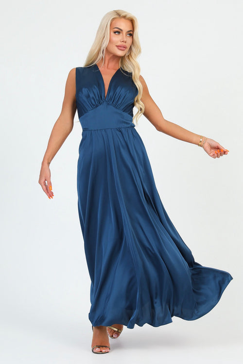 Dark Teal Blue Silk Satin Dress V Neckline Dsir Couture Dark Teal Blue Silk Satin Dress V Neckline Dsir Couture