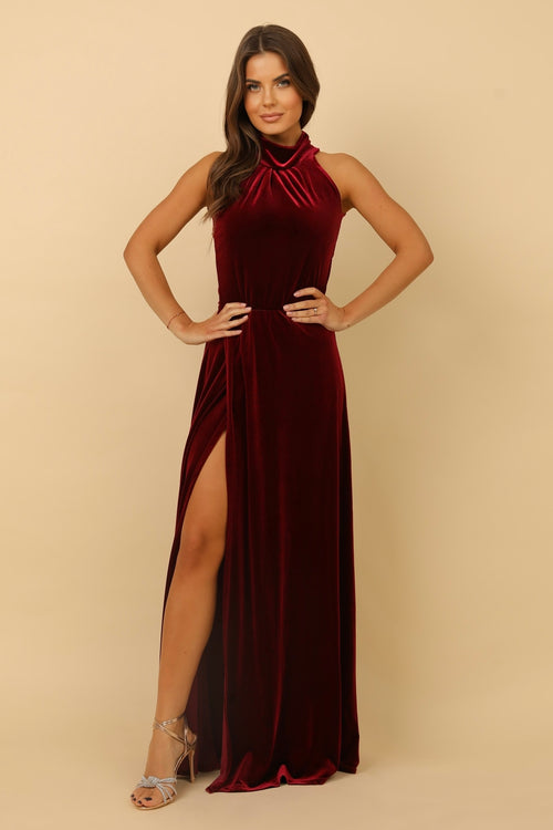 Burgundy Velvet Halter Neckline Velvet Dress Burgundy Velvet Halter Neckline Velvet Dress