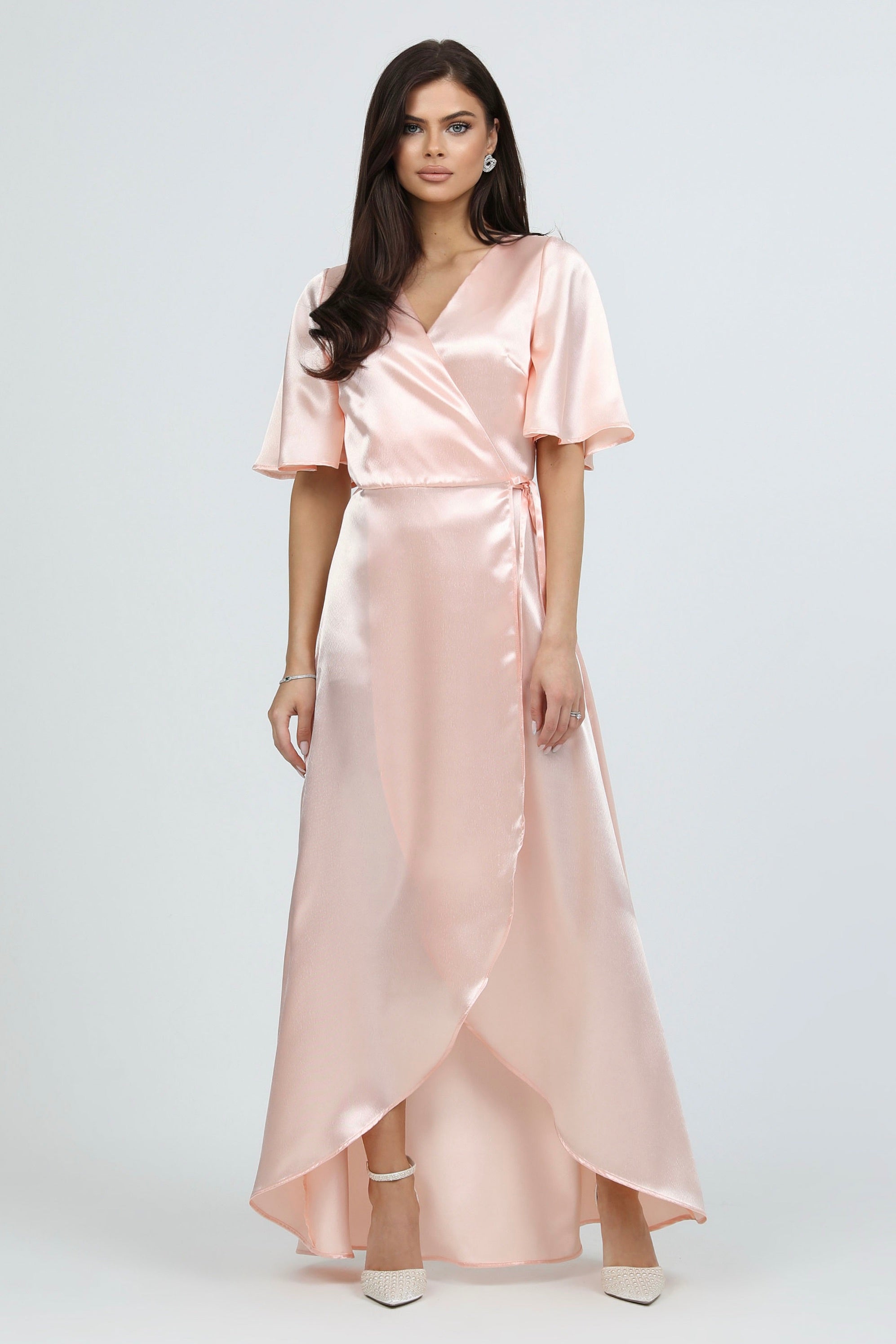 Peach Pink Wrap Satin Dress With Flutter Sleeves Desir Couture