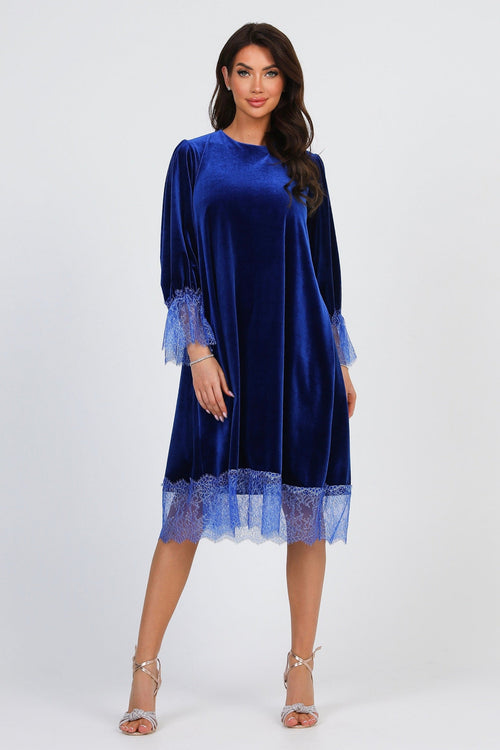 S Size Royal Blue Velvet Loose Dress With Lace Deep V Back (Ready to Ship)
