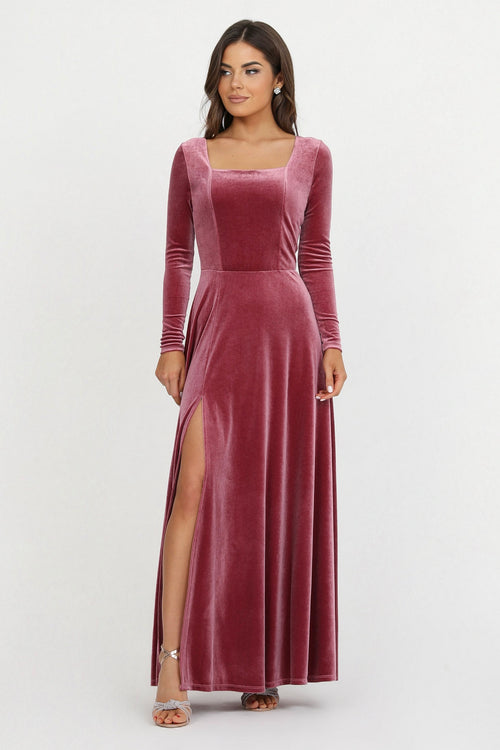 bridesmaid dress, velvet dress, wedding guest dress, gorgeous dress, wedding dress, mother of the bride dress, evening dress, gown dress, maxi dress, reception dress, elegant dress, formal dress, winter dress, fall bridesmaid, custom bridesmaid dress, chianti dress, pink dress, long sleeve dress, square neck dress, slit dress