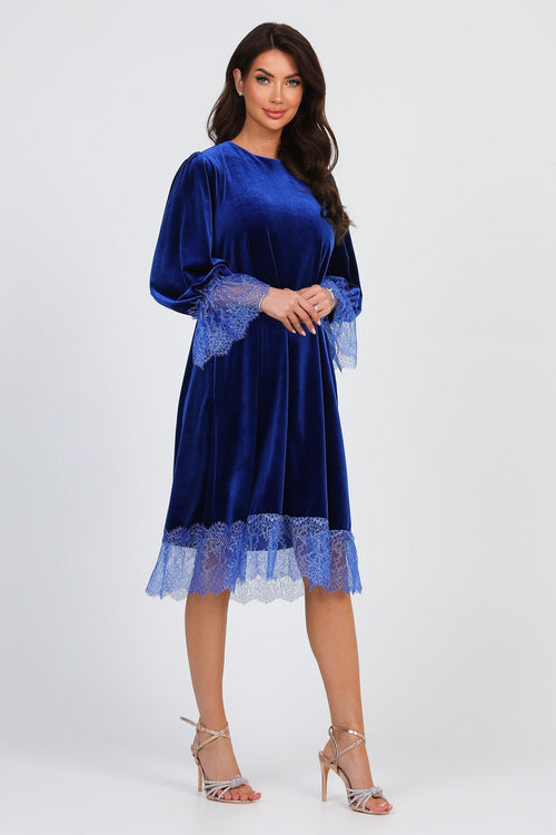 Royal Blue Velvet Loose Dress With Lace Deep V Back
