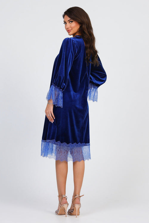 S Size Royal Blue Velvet Loose Dress With Lace Deep V Back (Ready to Ship)