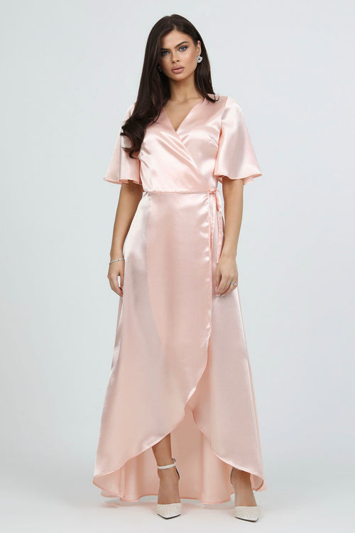 S Size Peach Pink Wrap Satin Dress With Flutter Sleeves (Ready to Ship Dsir Couture S Size Peach Pink Wrap Satin Dress With Flutter Sleeves (Ready to Ship Dsir Couture