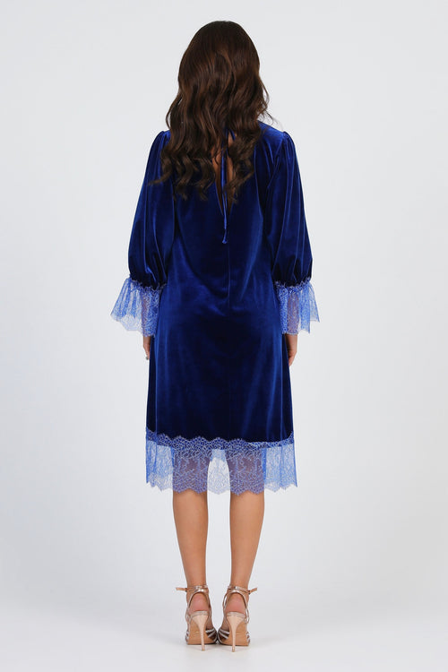 Royal Blue Velvet Loose Dress With Lace Deep V Back