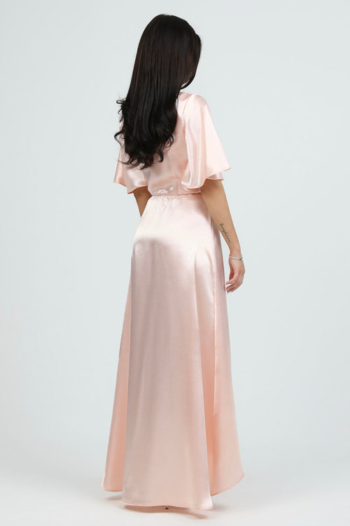 S Size Peach Pink Wrap Satin Dress With Flutter Sleeves (Ready to Ship Dsir Couture S Size Peach Pink Wrap Satin Dress With Flutter Sleeves (Ready to Ship Dsir Couture