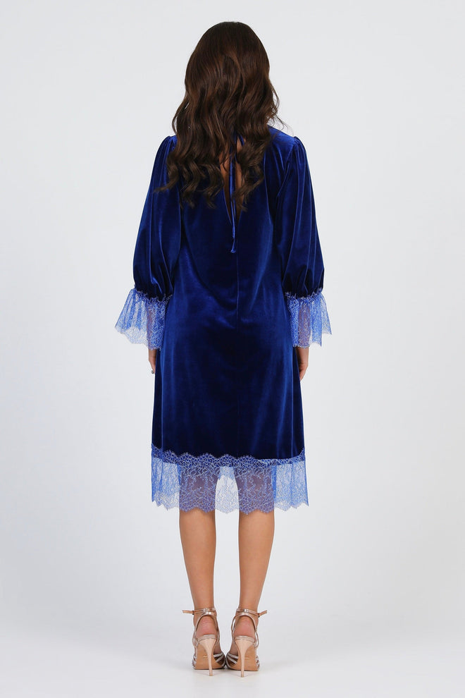 S Size Royal Blue Velvet Loose Dress With Lace Deep V Back (Ready to Ship)