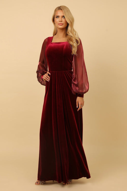 S Size Burgundy Velvet Square Neckline Organza Sleeves Dress (Ready to Ship)