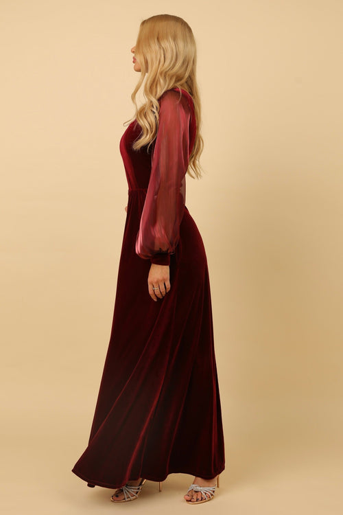 S Size Burgundy Velvet Square Neckline Organza Sleeves Dress (Ready to Ship)