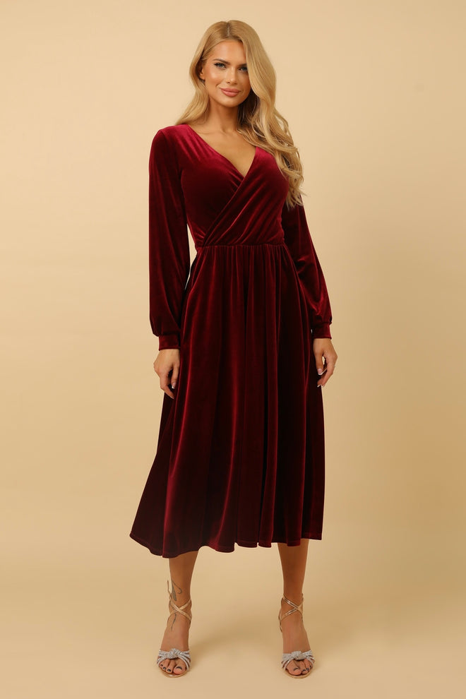 Burgundy Velvet Wrap V Neckline Midi Dress