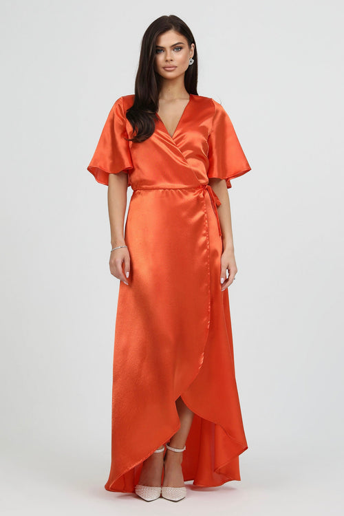 orange wrap dress S Size Orange Wrap Satin Dress With Flutter Sleeves (Ready to Ship)