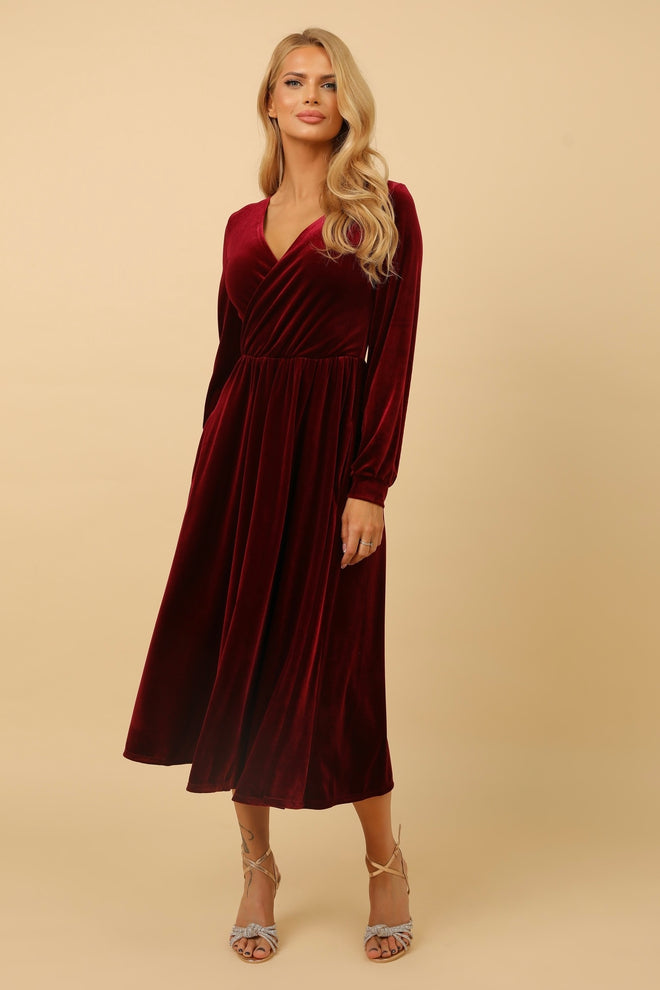 Burgundy Velvet Wrap V Neckline Midi Dress