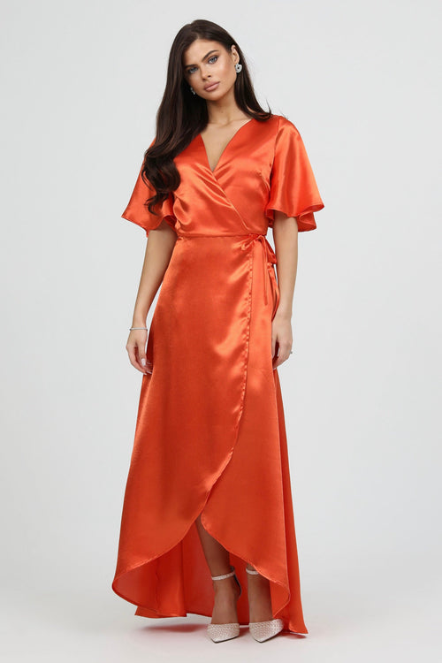 S Size Orange Wrap Satin Dress With Flutter Sleeves (Ready to Ship) Dsir Couture S Size Orange Wrap Satin Dress With Flutter Sleeves (Ready to Ship) Dsir Couture