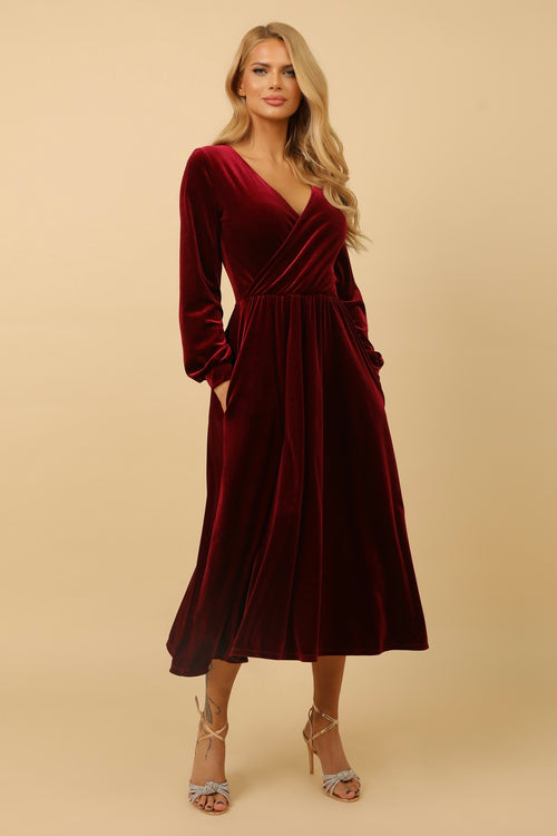 Burgundy Velvet Wrap V Neckline Midi Dress