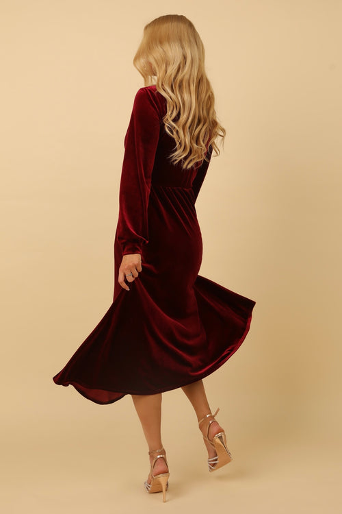 Burgundy Velvet Wrap V Neckline Midi Dress