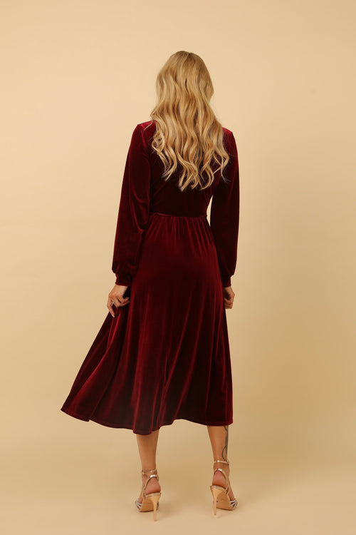 Burgundy Velvet Wrap V Neckline Midi Dress