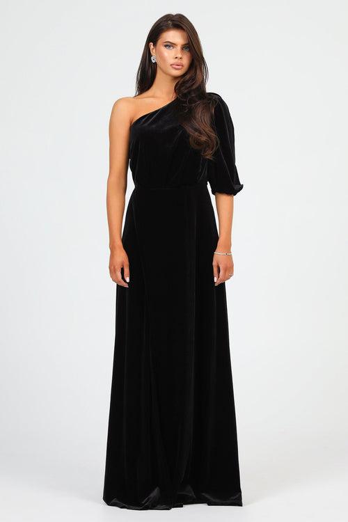 S Size Black Velvet One Shoulder Puffy Sleeve Dress (Ready to Ship)