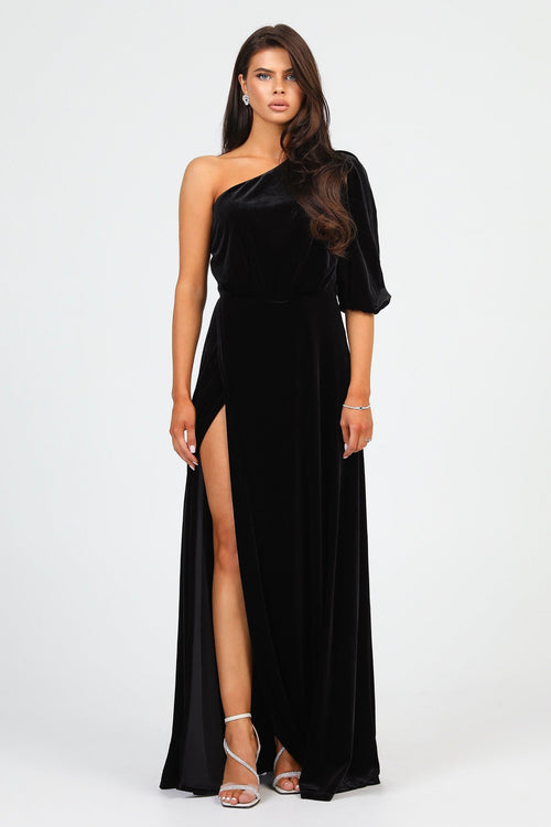S Size Black Velvet One Shoulder Puffy Sleeve Dress (Ready to Ship)