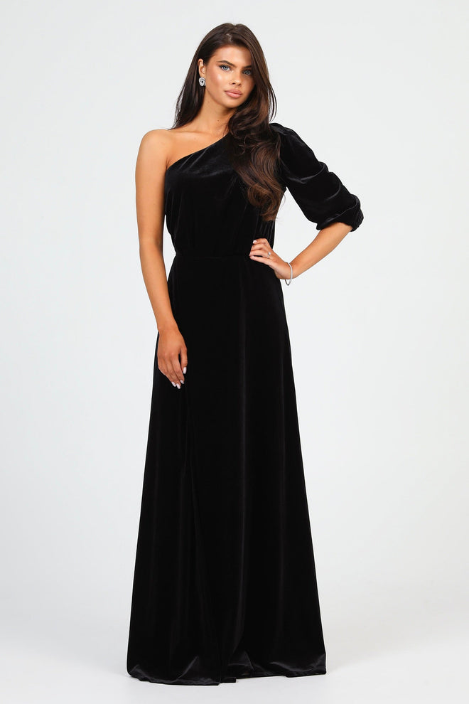 S Size Black Velvet One Shoulder Puffy Sleeve Dress (Ready to Ship)